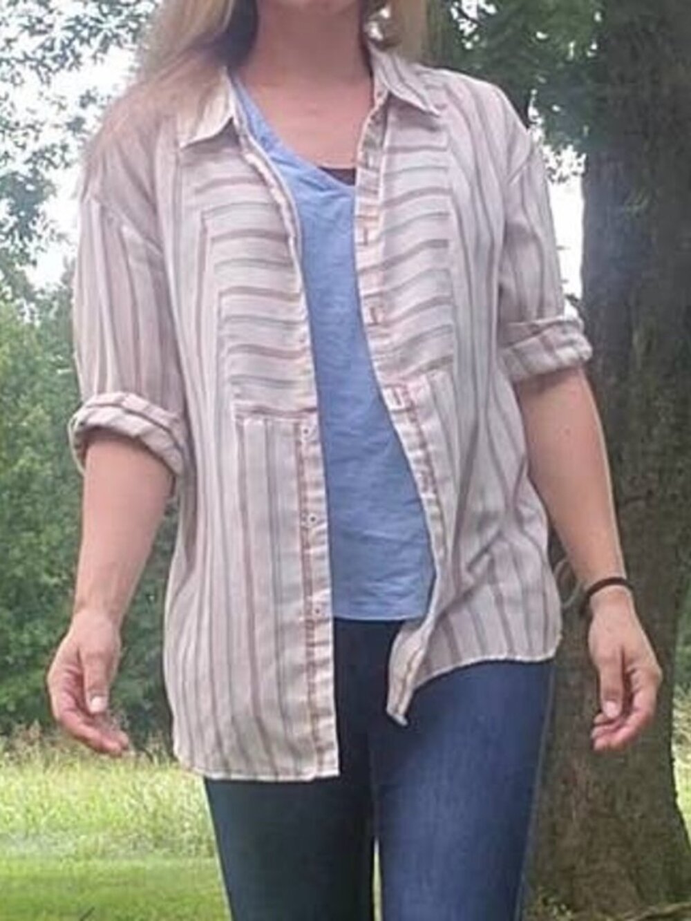 Kori striped bib front button up shirt cream brown blue